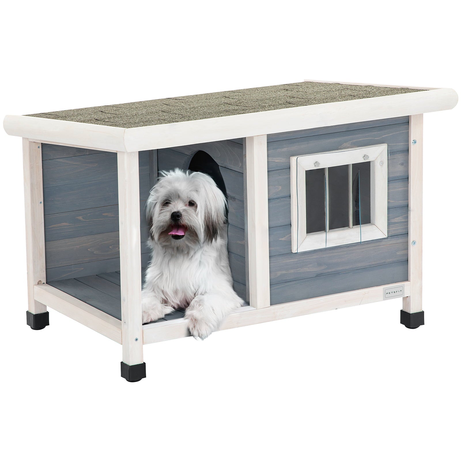 Petsfit Outdoor Wooden Dog House for Small Dogs Weatherproof Asphalt Roof with Balcony