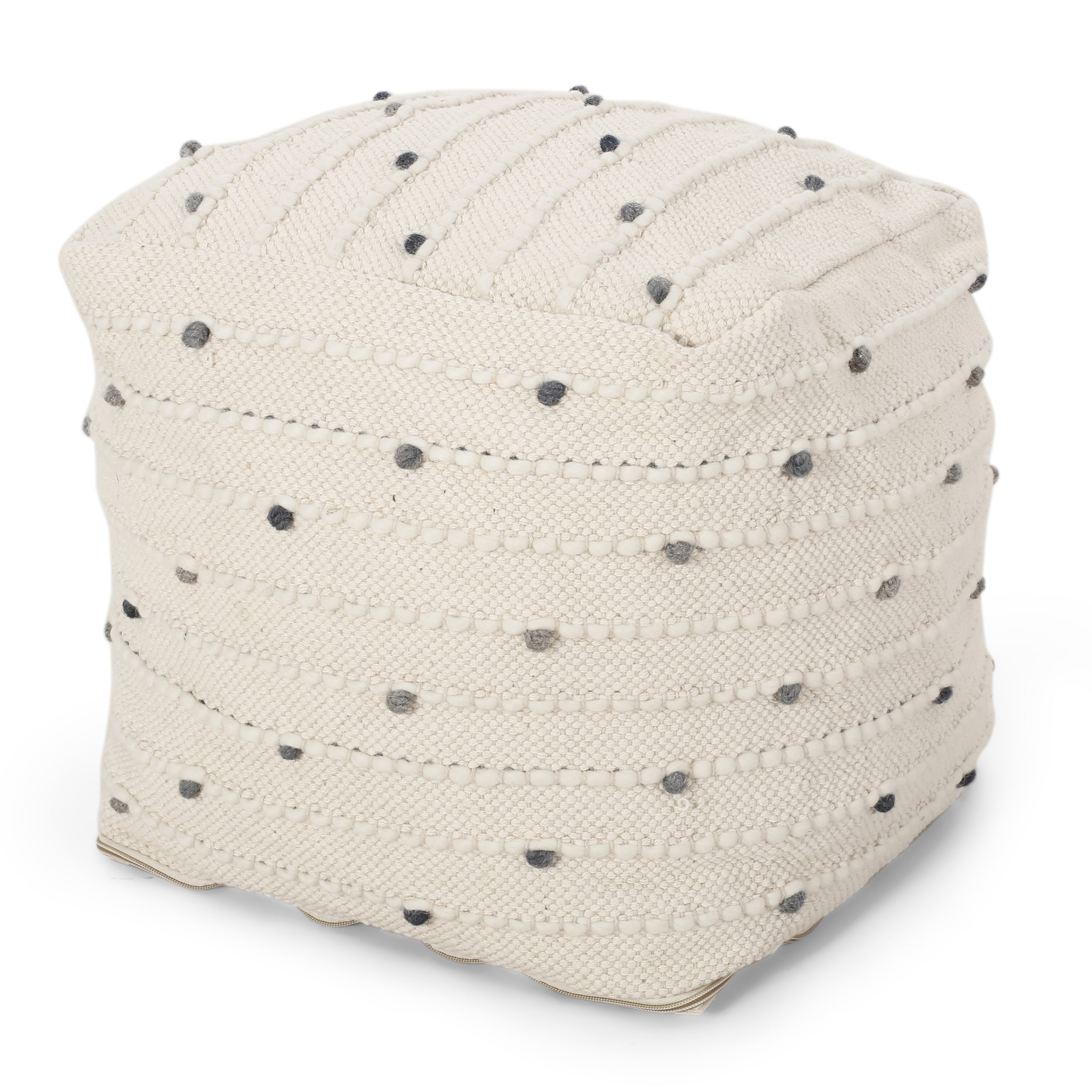 Swint Pates Boho Handcrafted Fabric Cube Pouf, Ivory and Blue