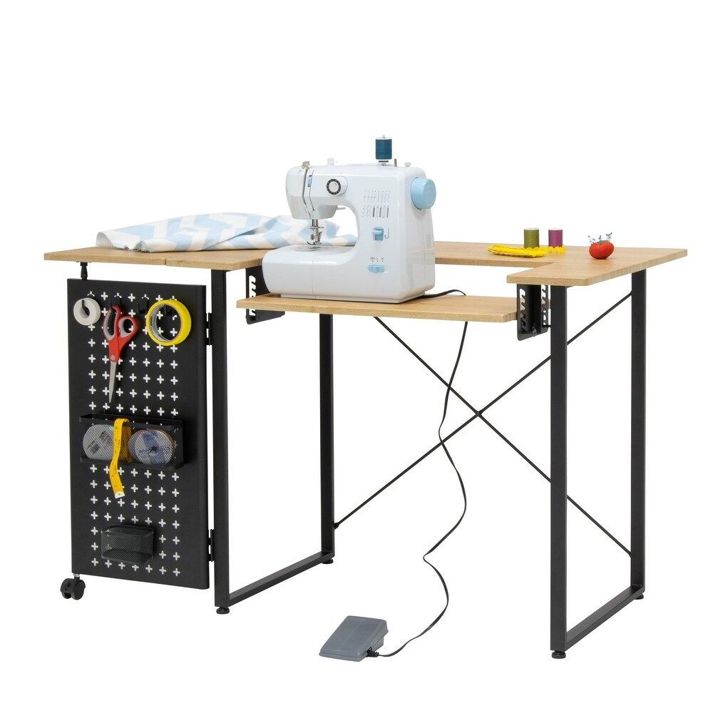 Sew Ready Pivot Sewing Table with Storage Panel and Adjustable Platform