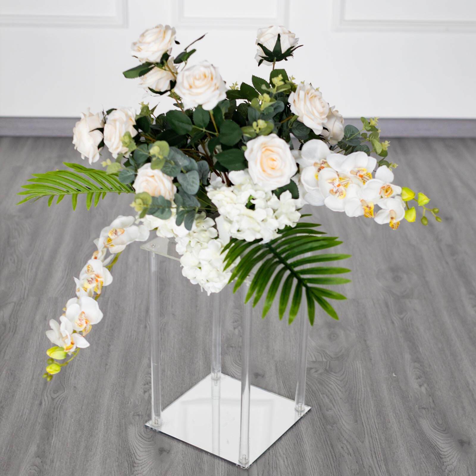 Clear Acrylic Flower Vase Pillar Column Stand With Square Mirror Base, Wedding Table Centerpiece 16