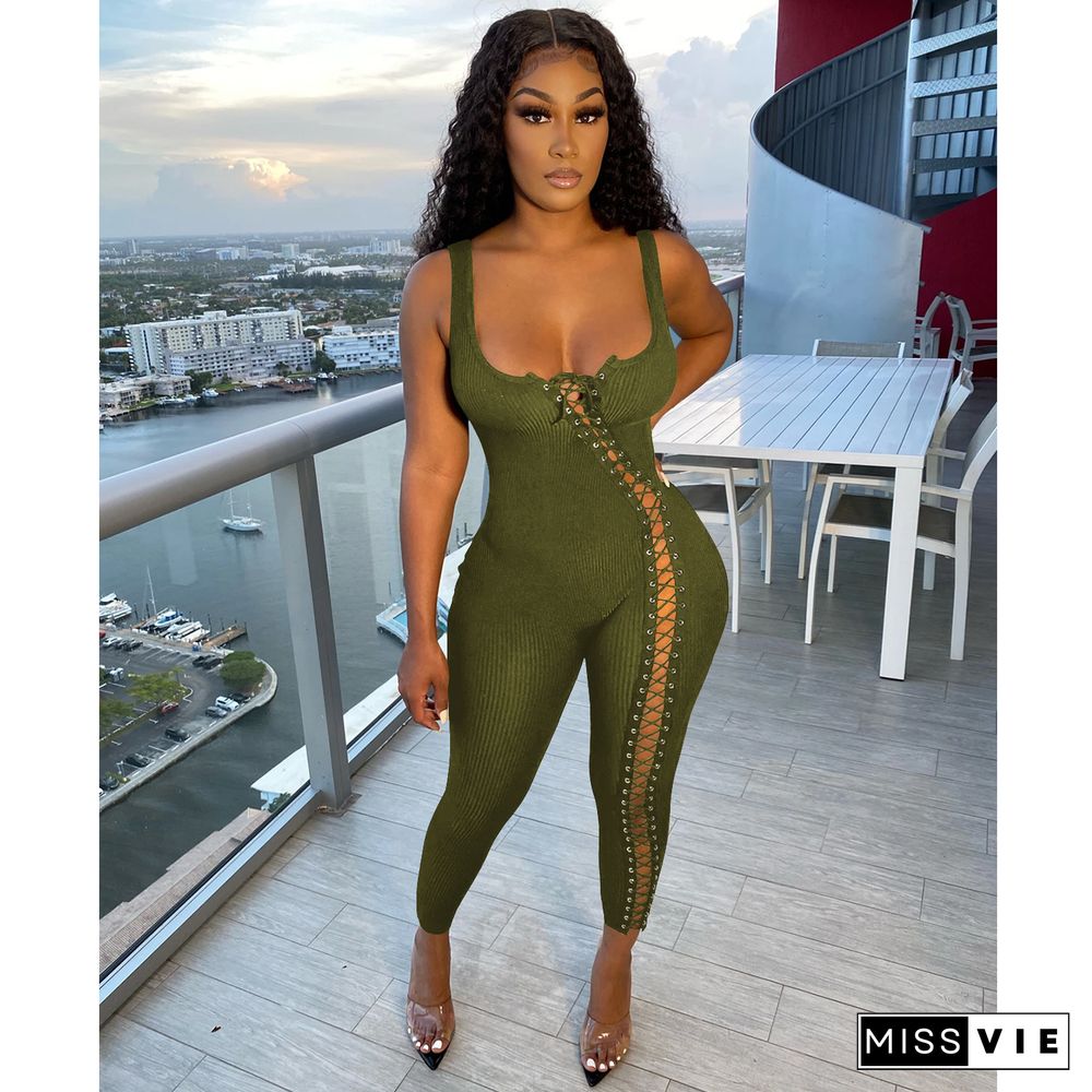 Fashion Summer New Sexy Lace Up Cutout Jumpsuit