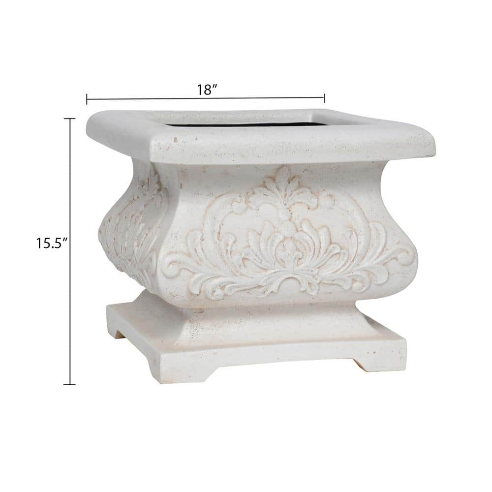 MPG 18 in. sq. Aged White Cast Stone Fiberglass Bombe Planter PF5795AW