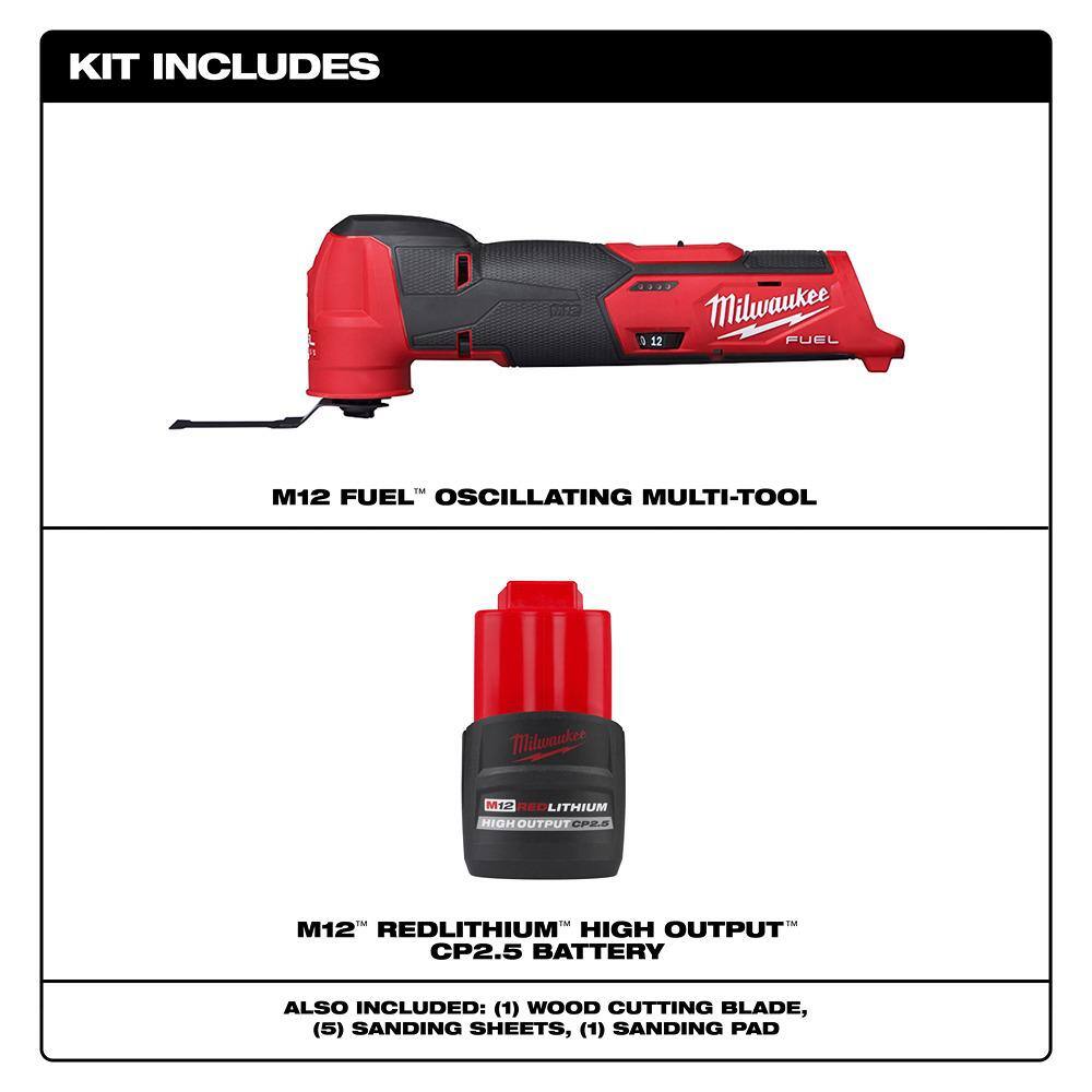 MW M12 FUEL 12V Lithium-Ion Cordless Oscillating Multi-Tool wCP High Output 2.5 Ah Battery Pack 2526-20-48-11-2425