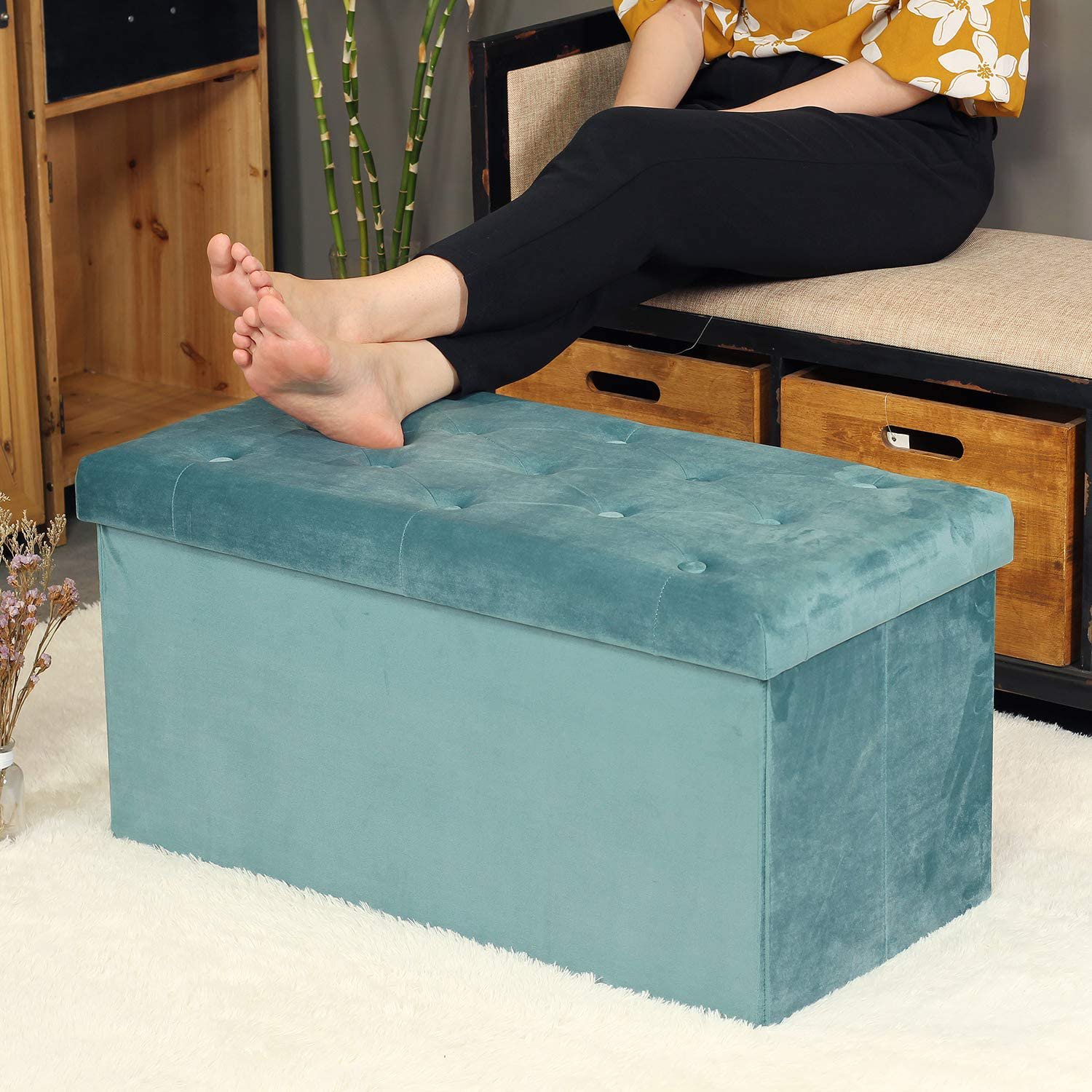 Pinplus Folding Storage Ottoman Cube Bench， 30 and 15 Ottoman Foot Rest Stool Seat， Teal