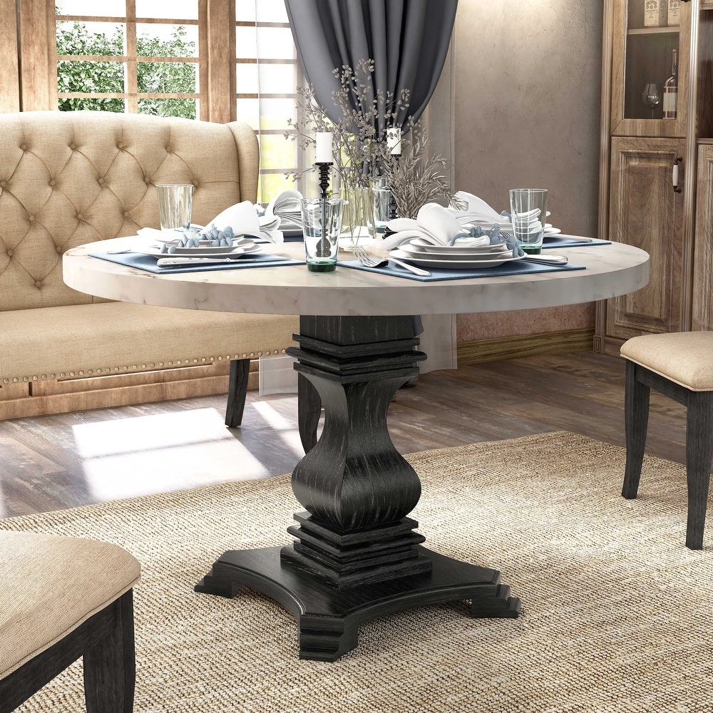 Brec Rustic Marble Top 5 Piece Round Dining Table Set with Tufted Chairs by Furniture of America