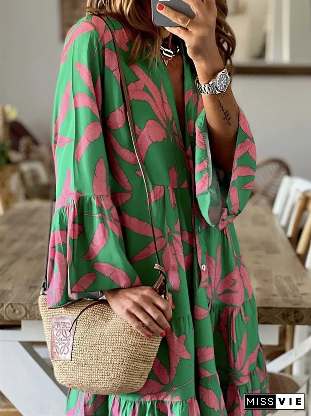 Long Sleeve Printed Trumpet Sleeve Women's Medium Long Dress