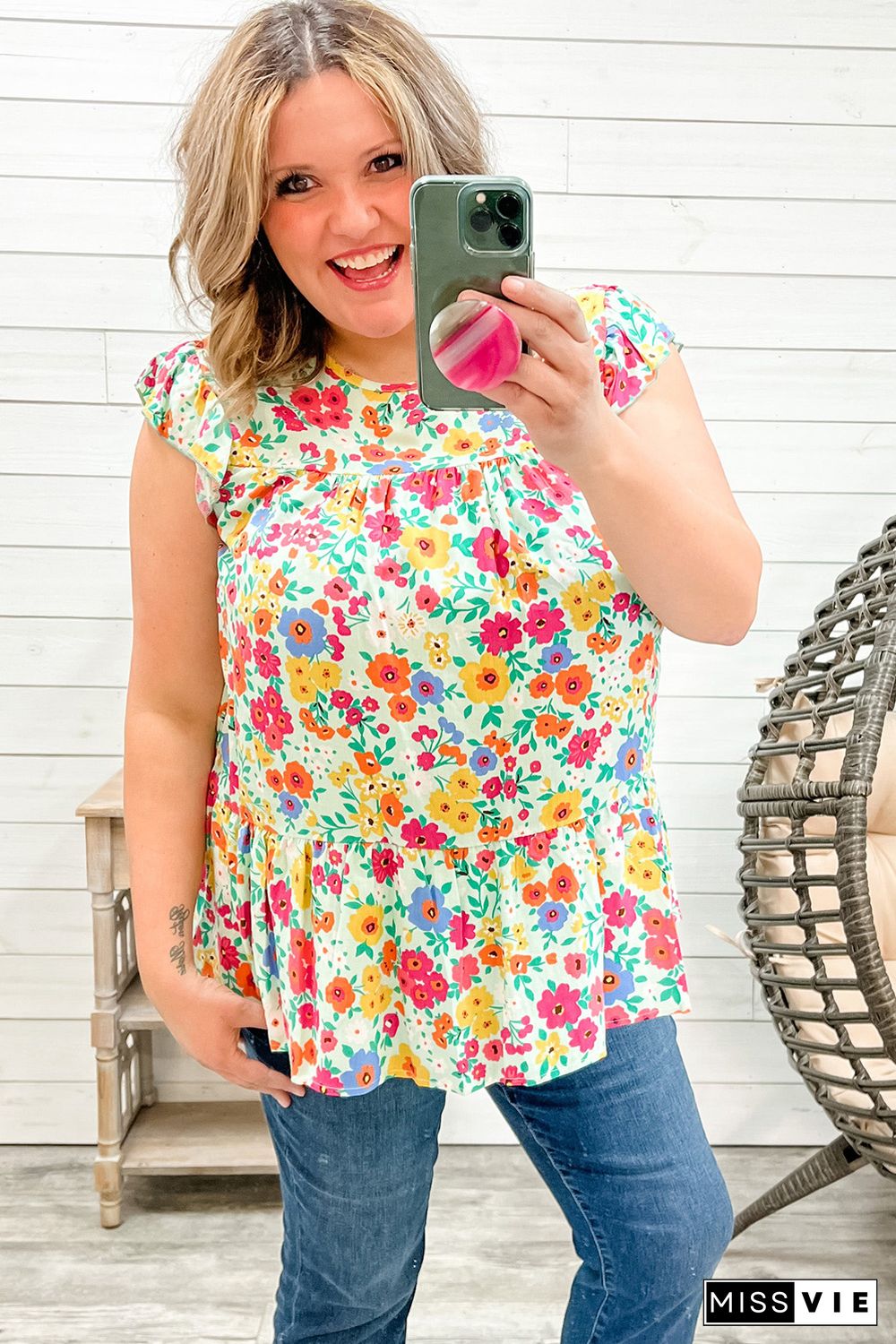 Multicolor Plus Size Floral Print Ruffle Tiered Tunic Top