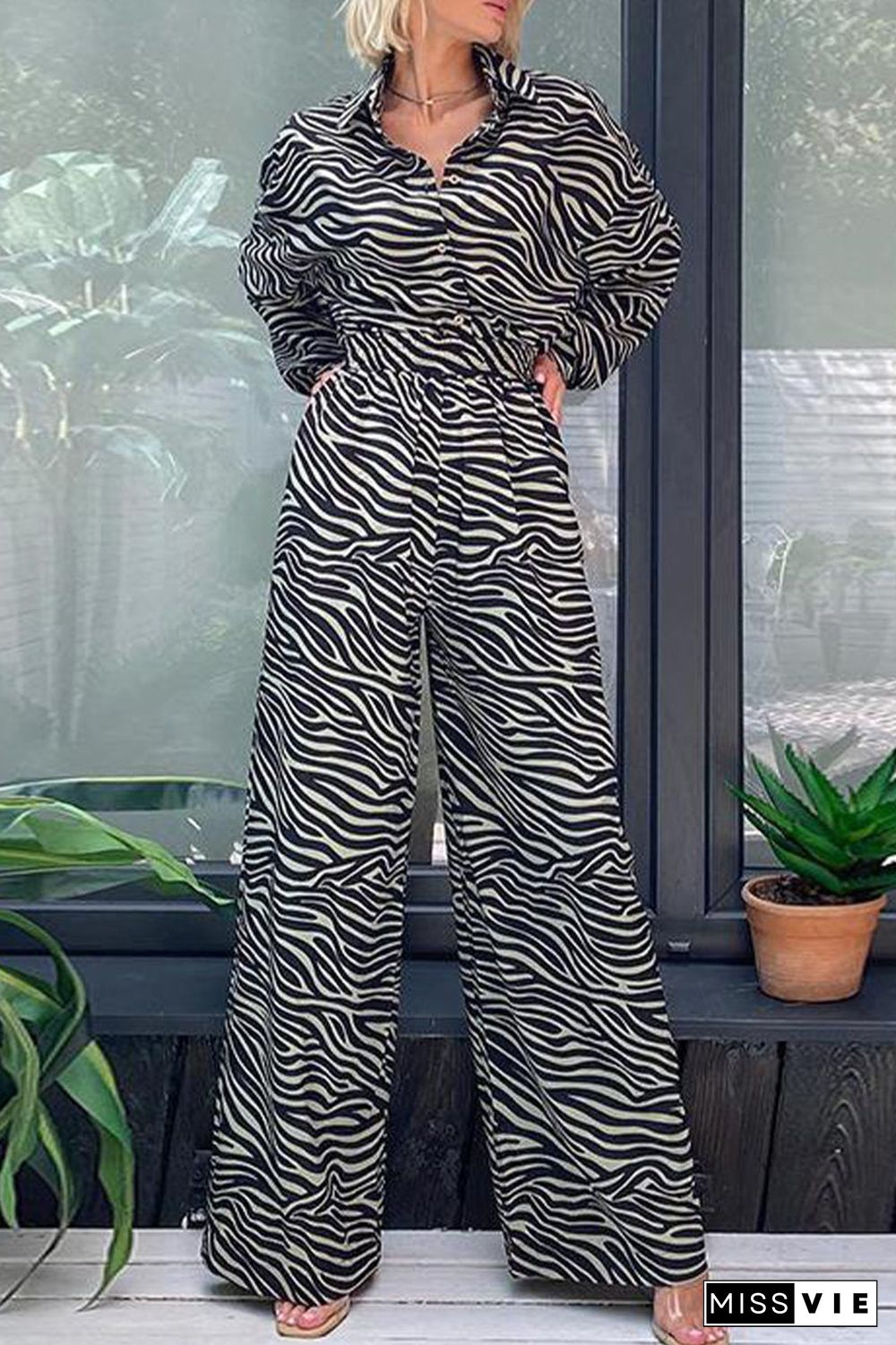 Casual Print Printing Turndown Collar Loose Jumpsuits