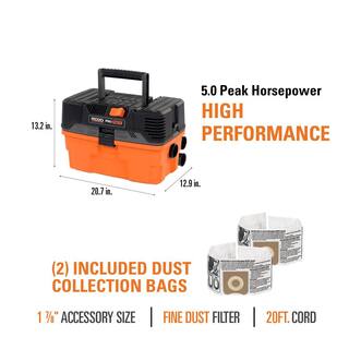 RIDGID 4.5 Gallon 5.0 Peak HP ProPack WetDry Shop Vacuum with Fine Dust Filter Expandable Hose Accessories and Two Dust Bags WD4522A