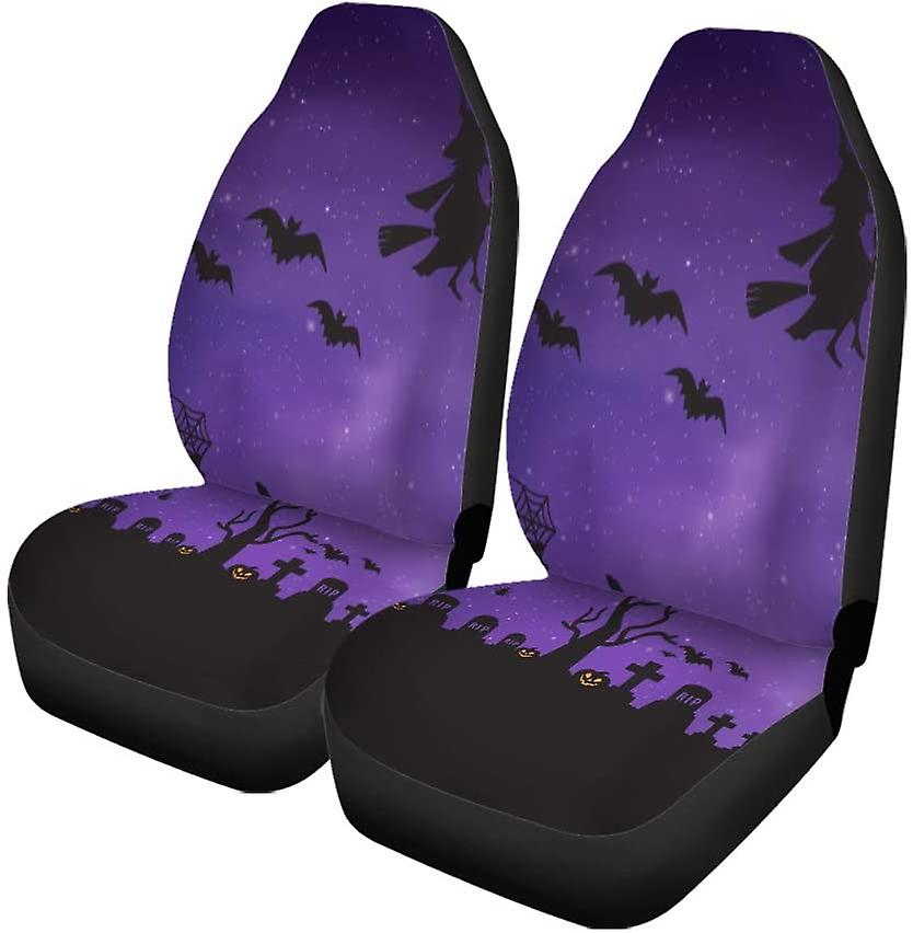 Set Of 2 Car Seat Covers Witch Flying On Magic Broomstick Over The Spooky Haunted Universal Auto Front Seats Protector Fits