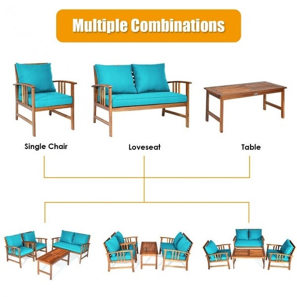 4 Pcs Wooden Patio Furniture Set Table Sofa Chair Cushioned Garden - 45