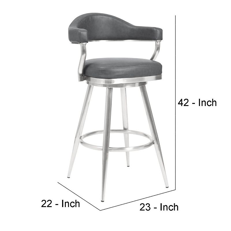 30 Inch Vegan Faux Leather Metal Bar Stool， Gray and Silver