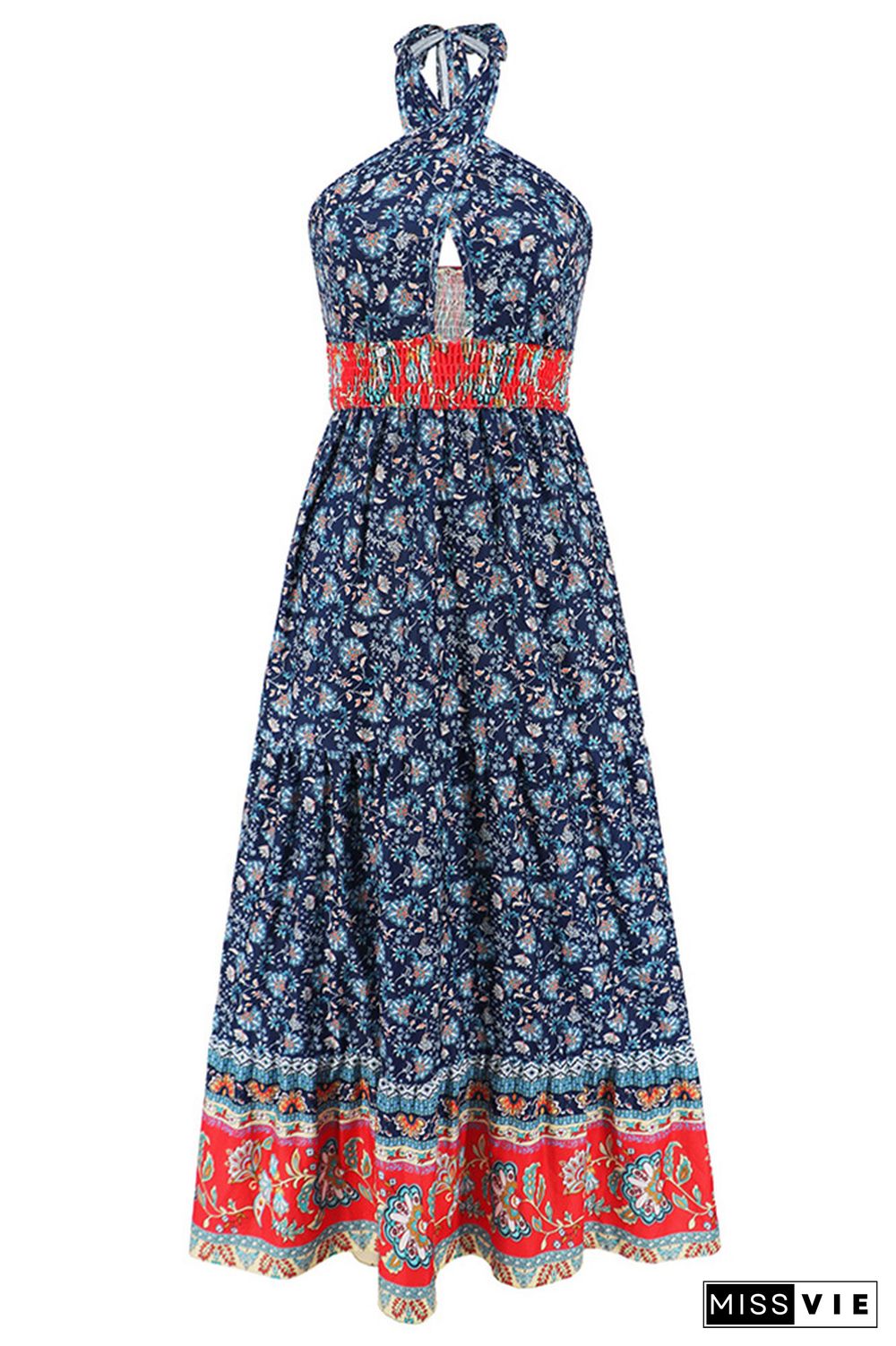 Twisted Halter Hollow Out Smocked Waist Boho Floral Maxi Dress