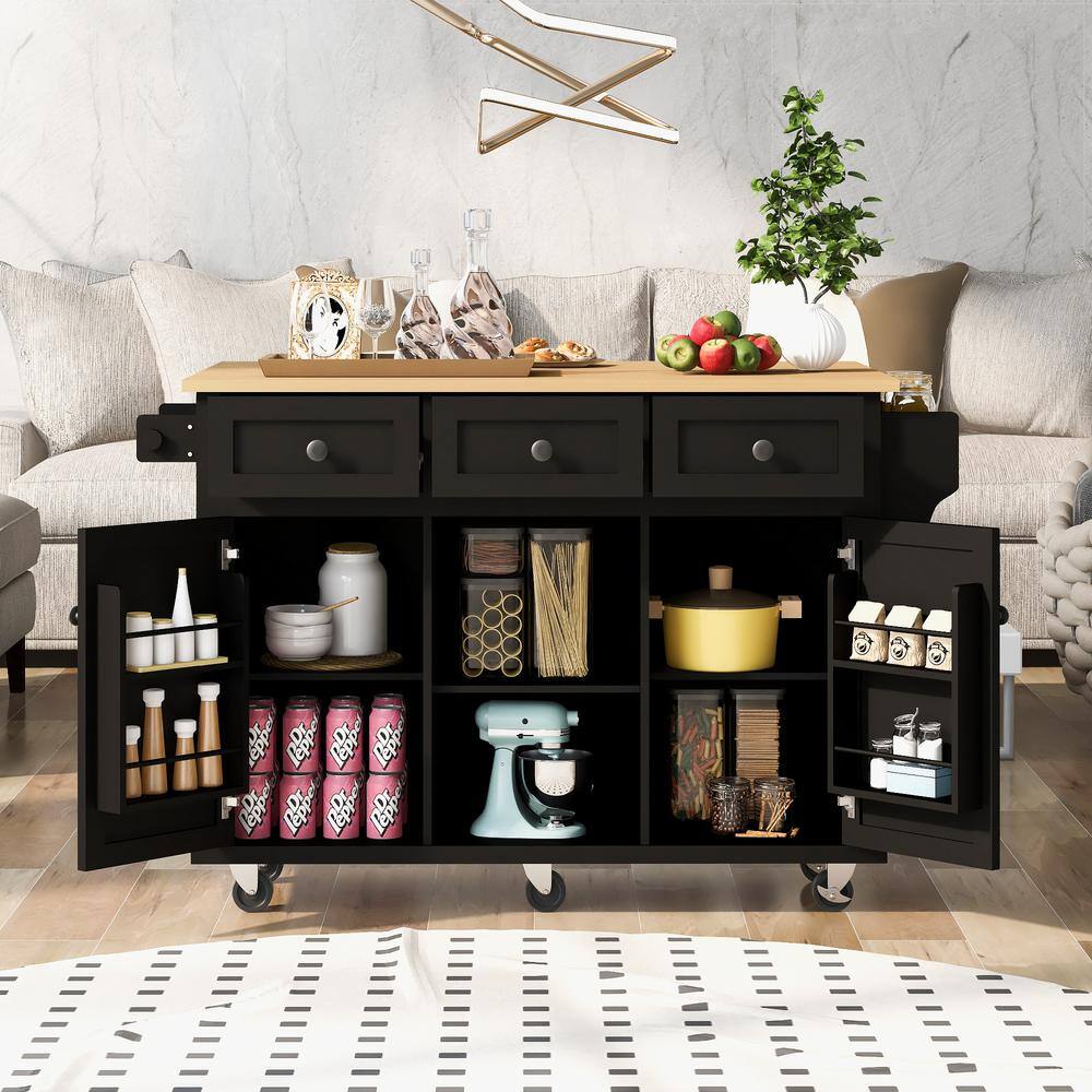 Zeus  Ruta Black Rubber wood 53 in. Kitchen Island Drop-Leaf Countertop Cabinet door internal storage racks 5-Wheels 3-Drawers XIN-UTPEZB1