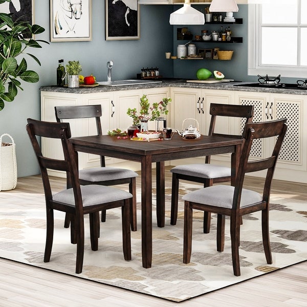 Wood 5 Piece Dining Table Set with cushions， Light Gray