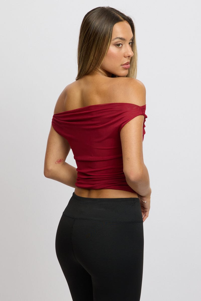 Red Off Shoulder Top Mesh
