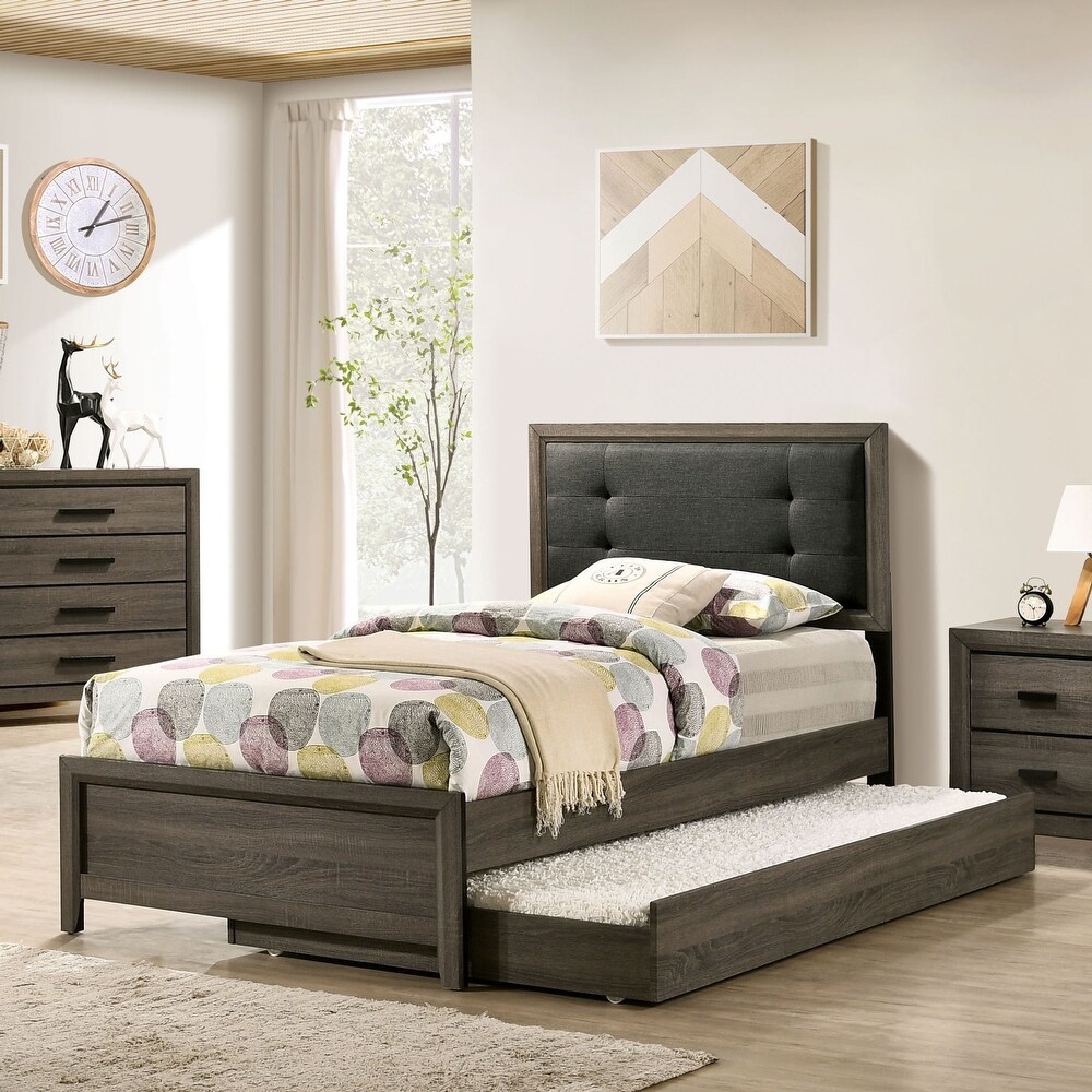 Aury Transitional Grey Wood Tufted 2 Piece Panel Bed and Trundle Set by Furniture of America