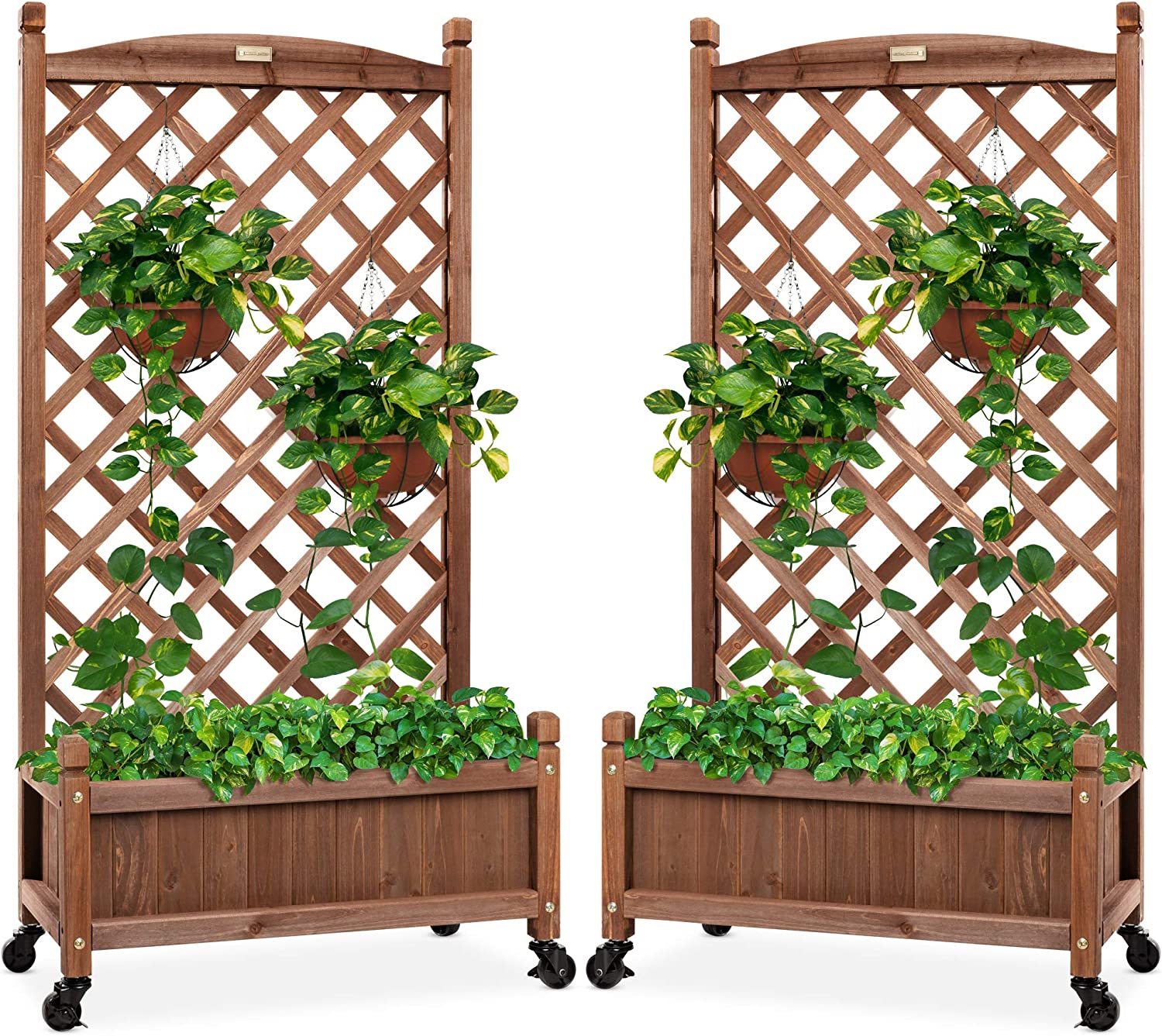 Set of 2 48in Wood Planter Box & Diamond Lattice Trellis, Mobile Outdoor Raised Garden Bed for Climbing Plants w/Drainage Holes, Optional Wheels - Walnut