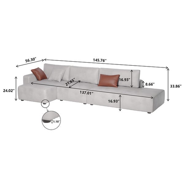 145'' Faux Leather Sofa， Modern Leather Sectional sofa with wood legs