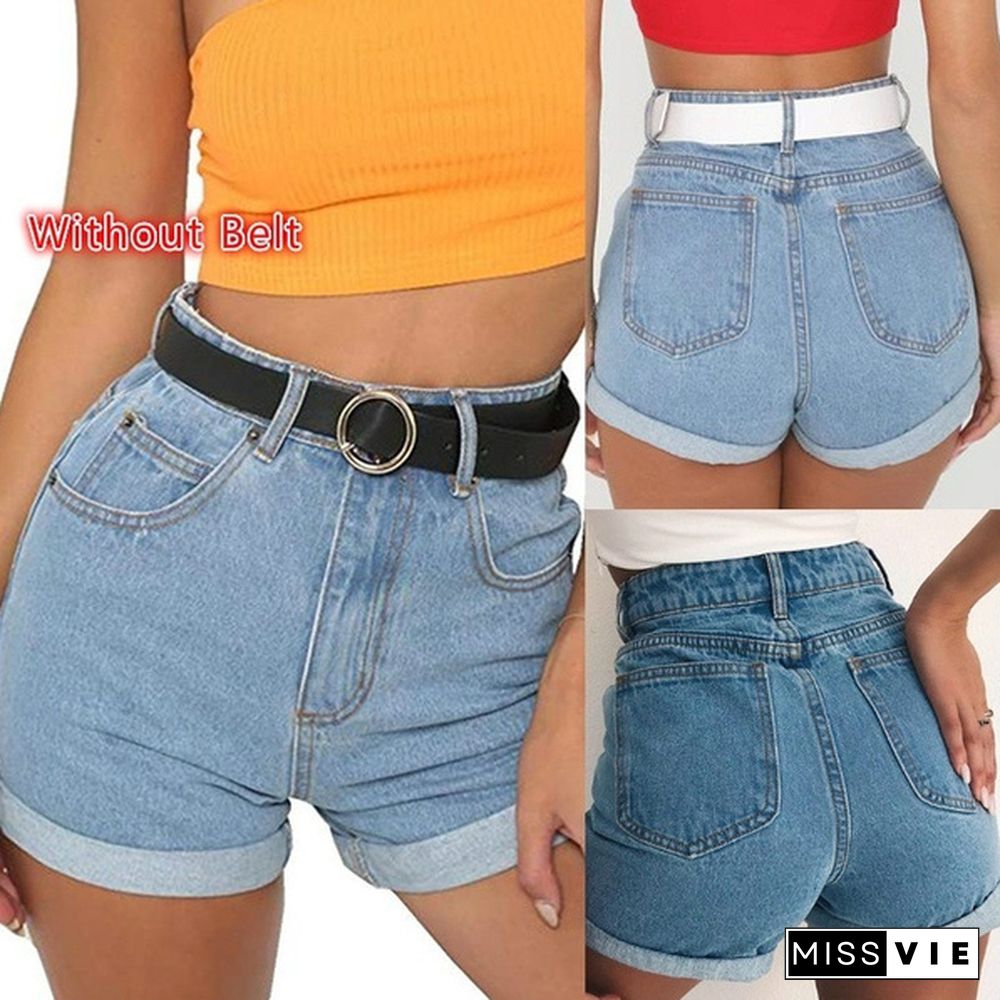 (Without Belt) Women Fashion Summer High Waist Short Jeans Denim Shorts