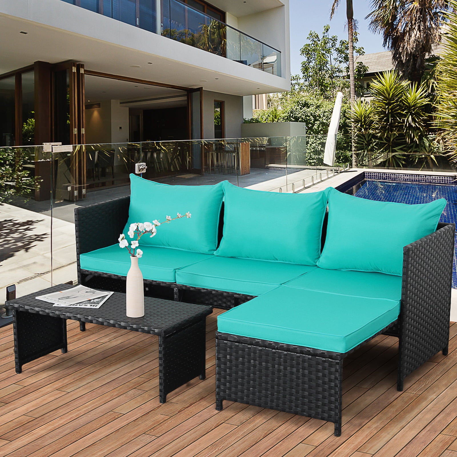 Waroom 3 Pieces Patio Conversation Sets Outdoor Wicker Furniture Chairs Loveseat Sofa,Turquoise,Powder Coated Steel