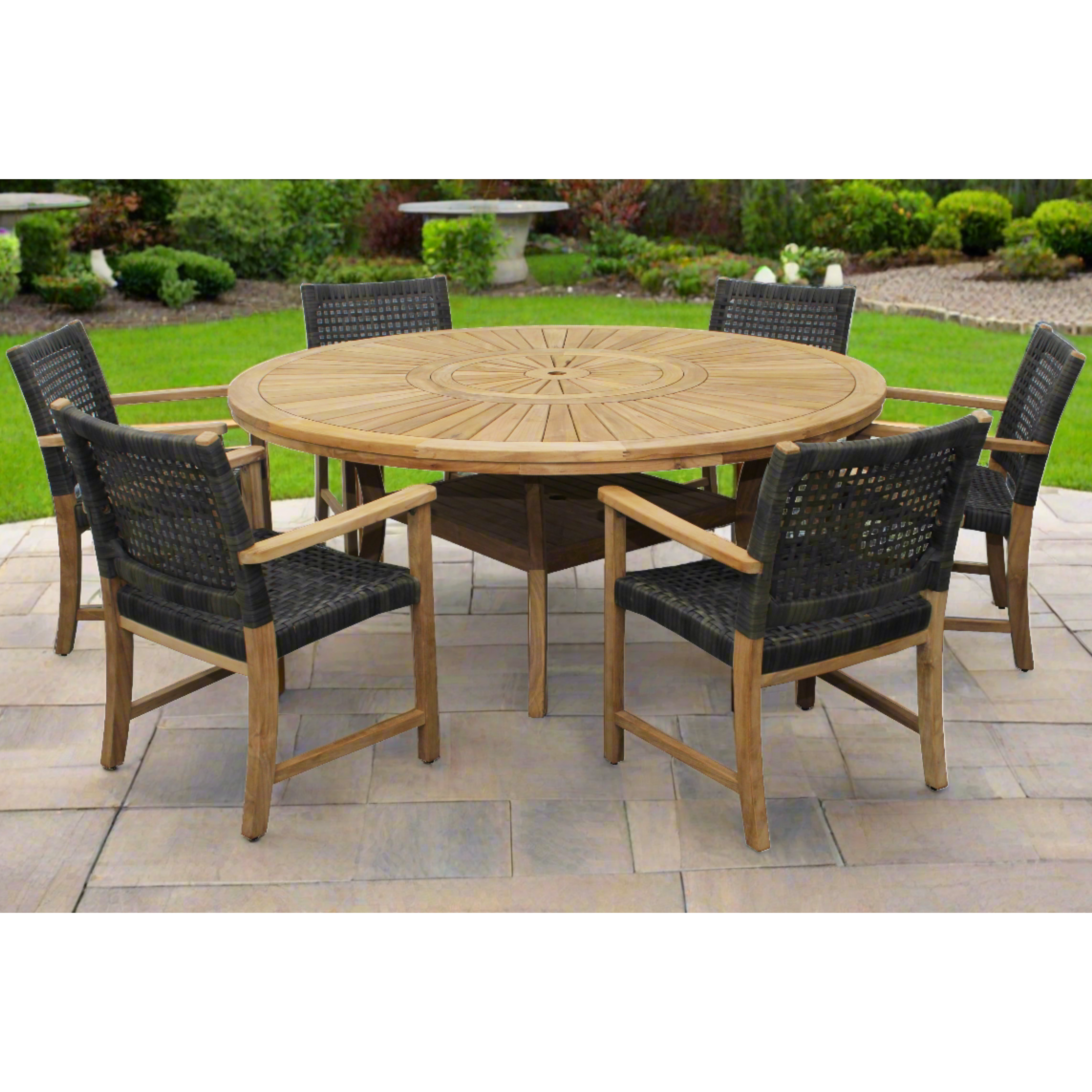 Komodo Teak 7pc Outdoor Dining Set (Teak 70 Round Table w Built-in Lazy Susan with 6 Woven Sanur Armchairs)