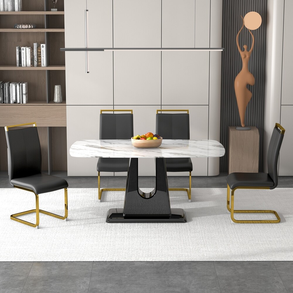 1 table and 4 chairs. Modern  simple and luxurious white imitation marble rectangular table and desk with 4 white PU leg