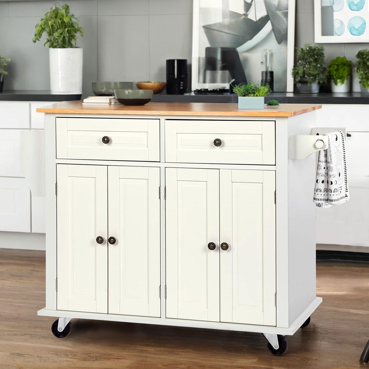 Wide Rolling Kitchen Island 43.3 Inches with Storage, Solid Wood Top and Locking Wheels