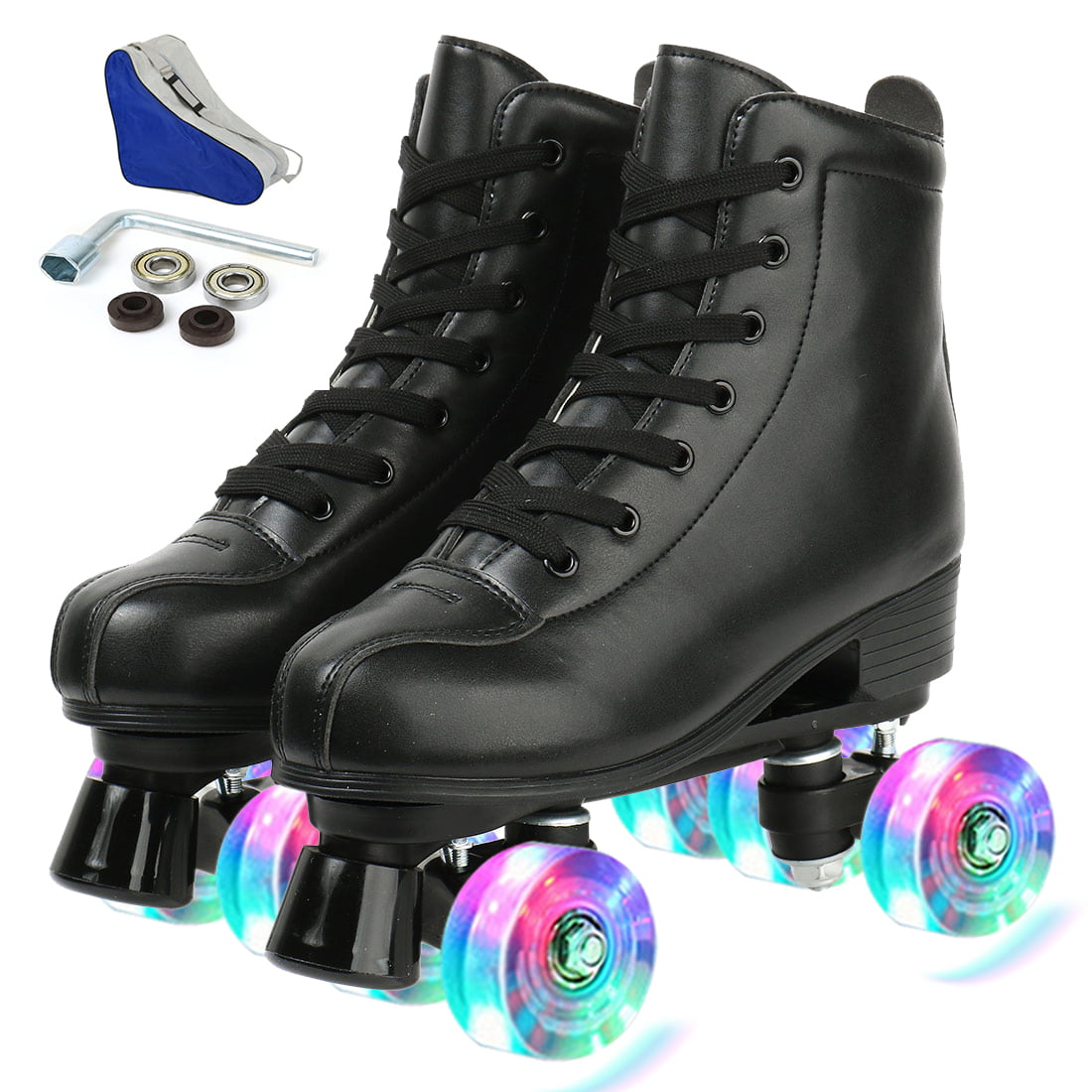 Roller Skates For Women Skates Lighting Flash Wheels Roller Skates High Top Soft Leather  Shiny Roller Skates For Beginners Indoor and Outdoor， Pure Black No Pattern， Size 8.5