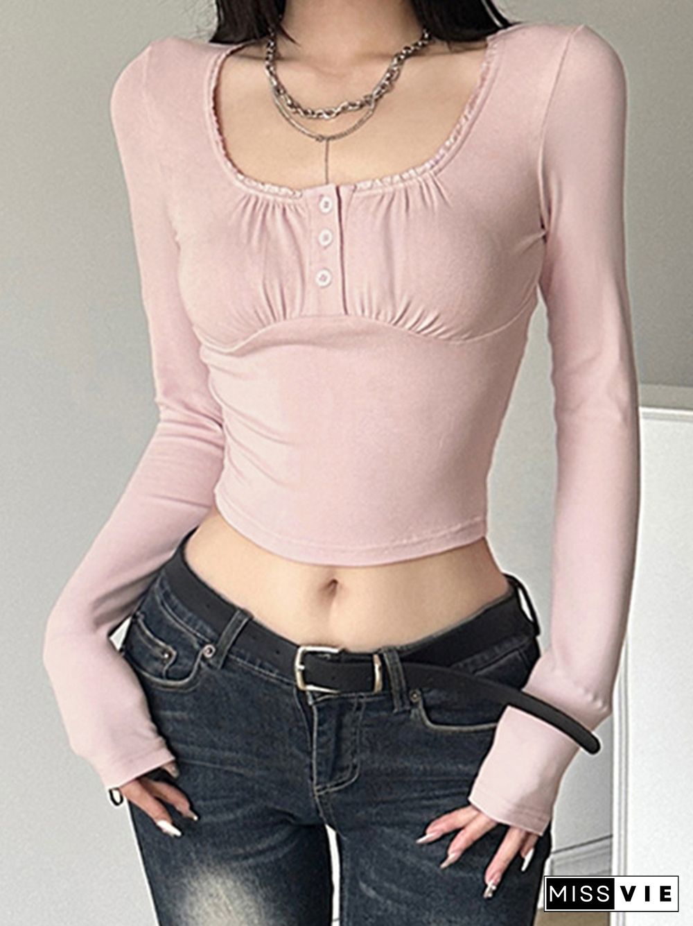 Frill Trim Square Neck Long Sleeve Tee