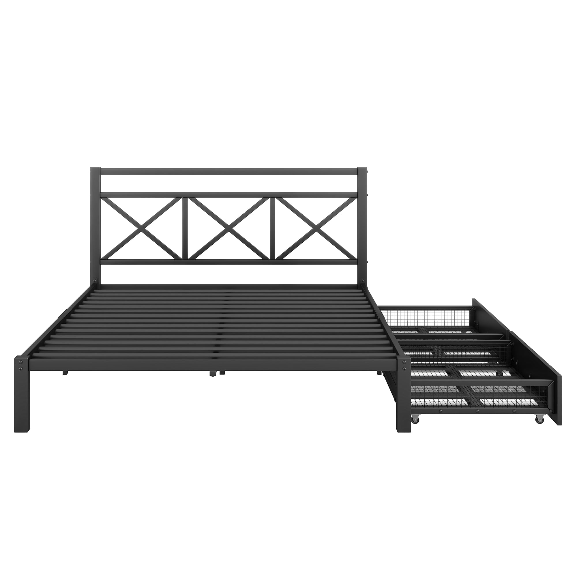 Metal Queen Size Platform Bed with Two Drawers for Living Room, Black