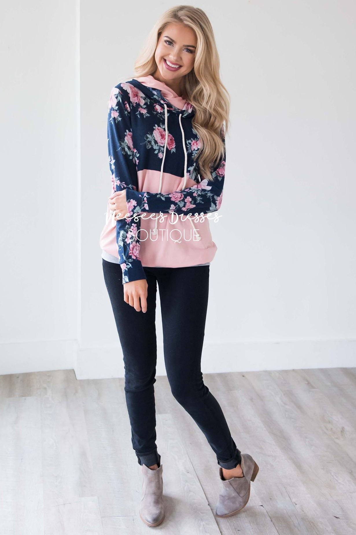 Navy Floral & Pink Colorblock Hoodie