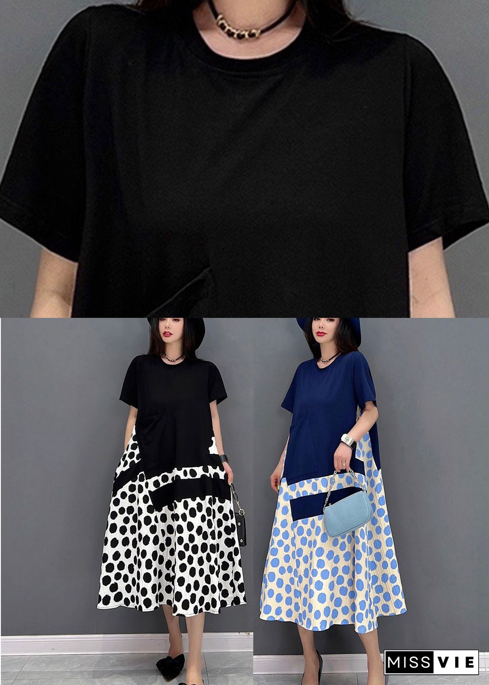 Black O-Neck Dot Maxi Dresses Short Sleeve