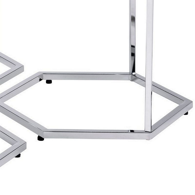 3 Piece Nesting Table with Hexagonal Shaped Metal Frame， Chrome