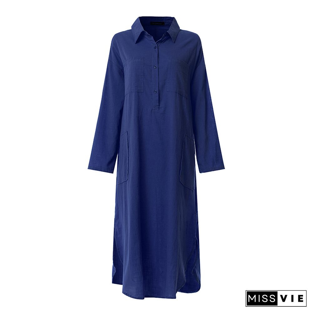 ZANZEA Elegant Women Spring Lapel Neck Long Sleeve Cotton Linen Dress Solid Sundress Long Shirt Dress Baggy Split Hem Vestido