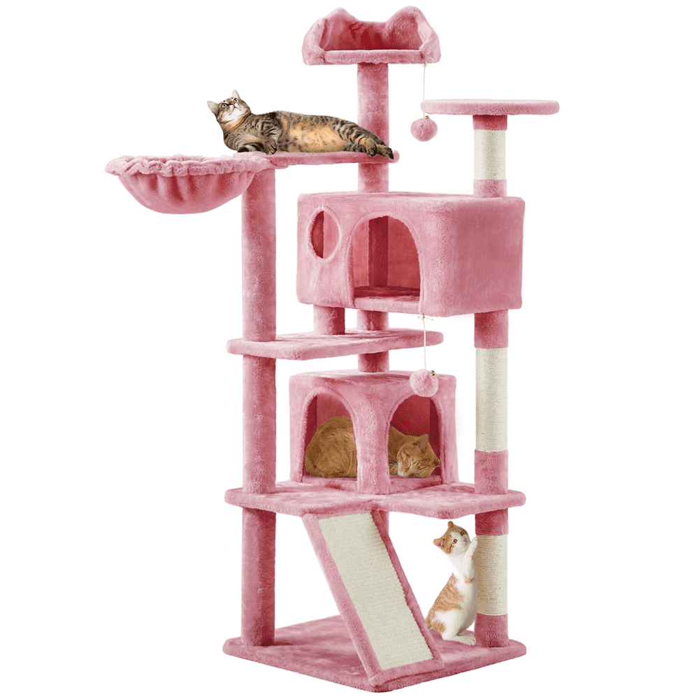 SMILE MART 57''H Multilevel Cat Tree Condo Tower with 2 Condos and Fur Ball and Round Platform and Ladder， Pink