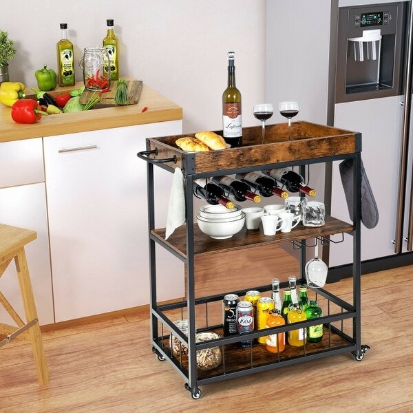 3-Tier Rolling Kitchen Bar Cart with Wine Rack-Rustic Brown - 2