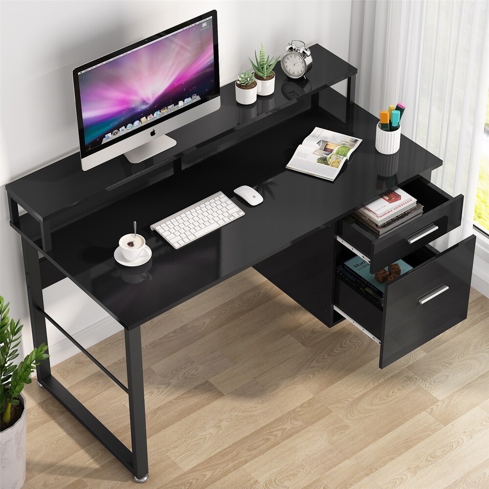 47 Inches White Computer Desk with Hutch  Home Office Desks with 2 Drawers Storage