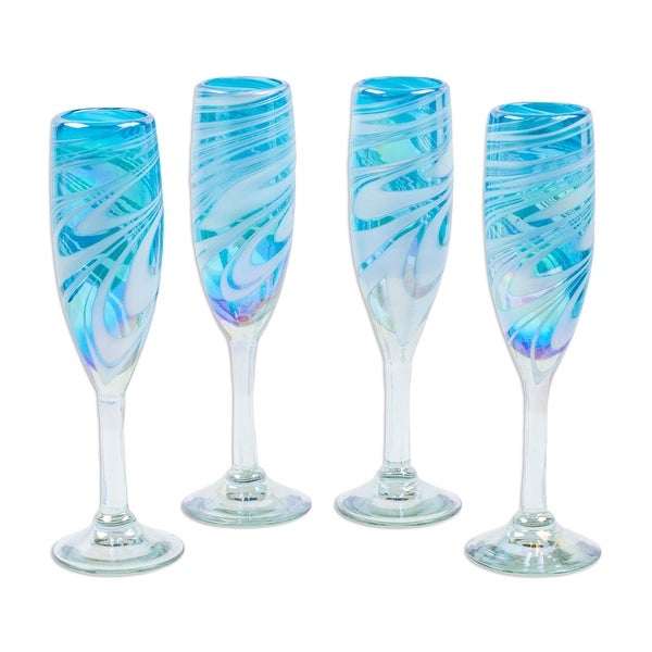 Novica Handmade Waves Of Sophistication Handblown Champagne Flutes (Set Of 4)