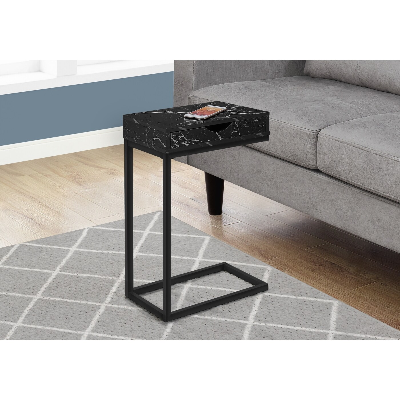 Accent Table， C-shaped， End， Side， Snack， Storage Drawer， Living Room， Bedroom， Metal， Laminate， Marble Look， Contemporary