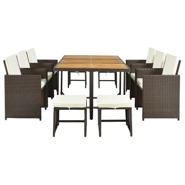 11-Piece Patio All-Weather Outdoor PE Wicker Upholstered Dining Table Set with Wood Tabletop and Foldable Dining Chair - Overstock - 37503710