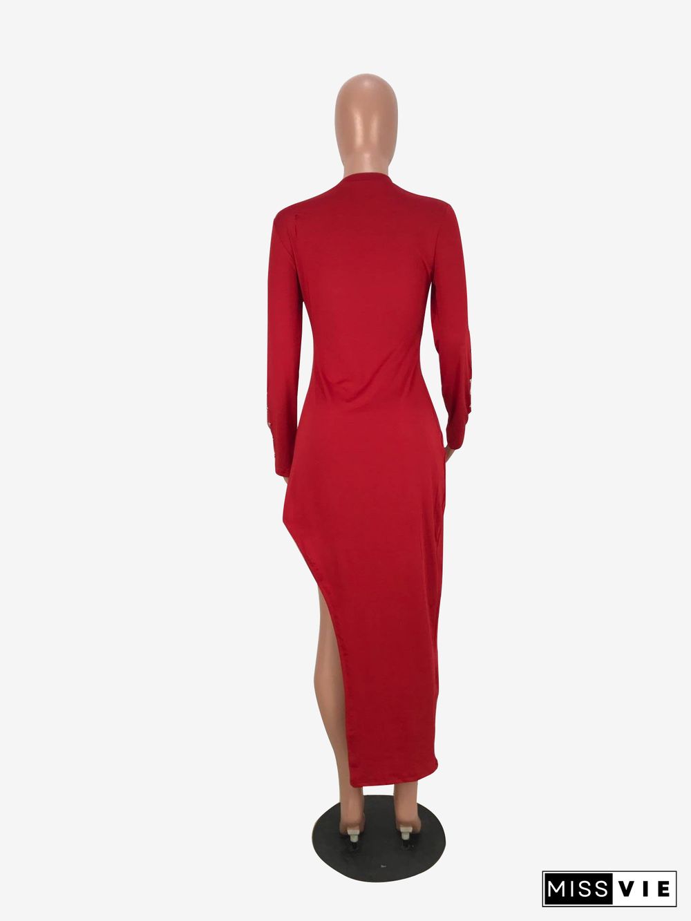 Red Long Sleeves Round Neck Nail Bead Splits Maxi Dress