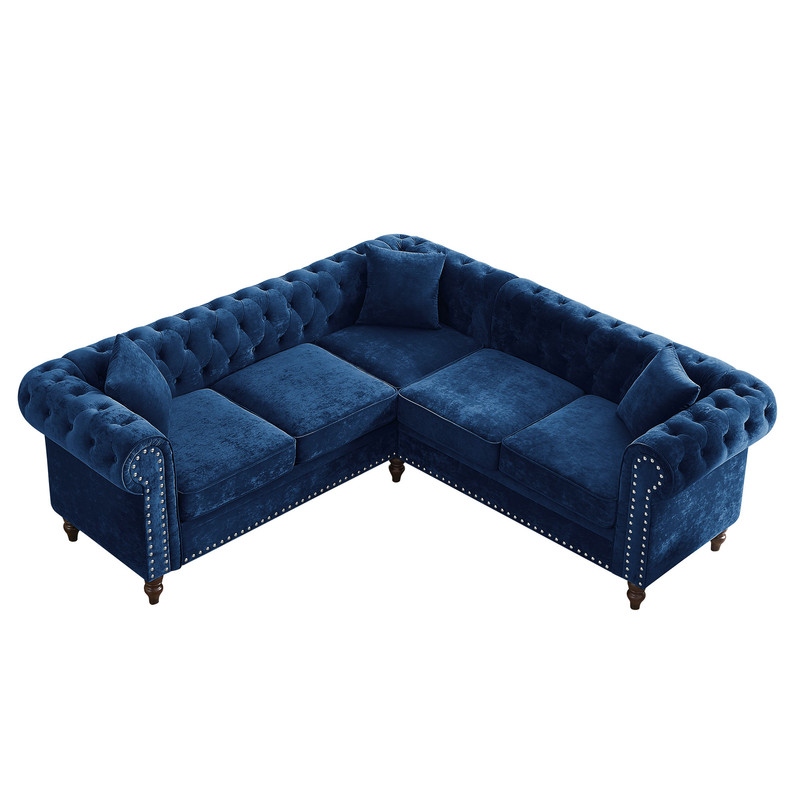 Chesterfield Button Tufted Upholstered Sectional Sofas L Shaped Sofa with 3 Pillows Included and Solid Wood Gourd Legs