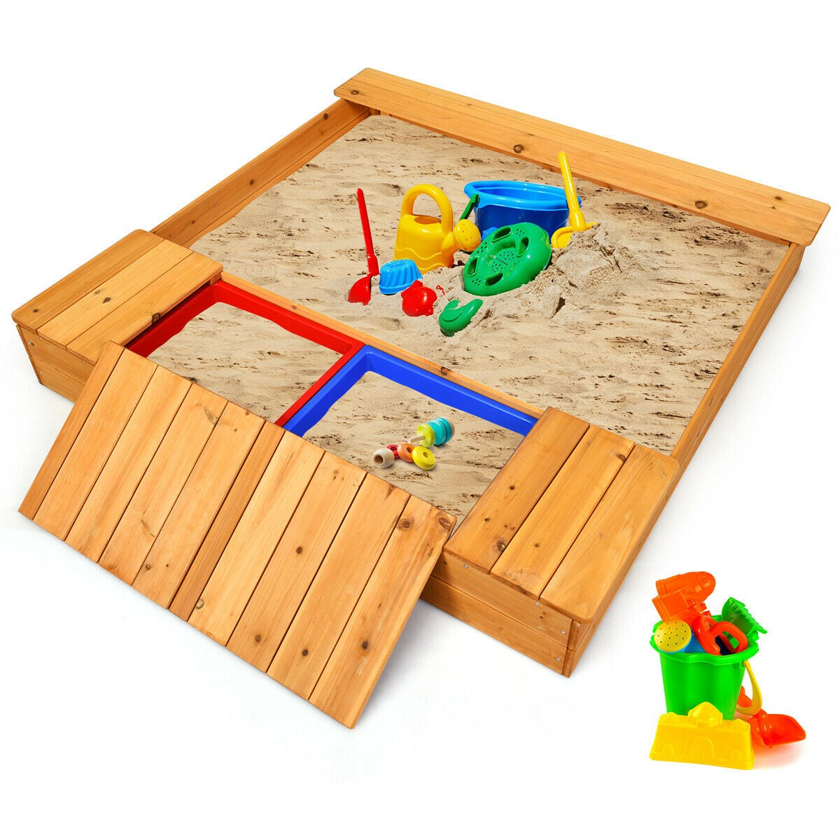 Kids Wooden Sandbox with Bench Seats & Storage Boxes