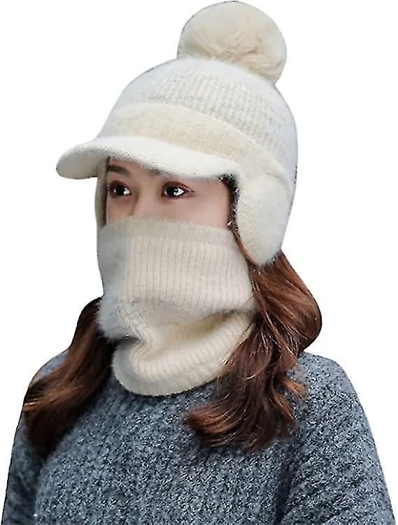 Womens Earmuffs Scarf Hat Flocking Thermal Cycling Warm Winter Scarf Hat Knitting Women Vintage Baseball Cap2pcswhite