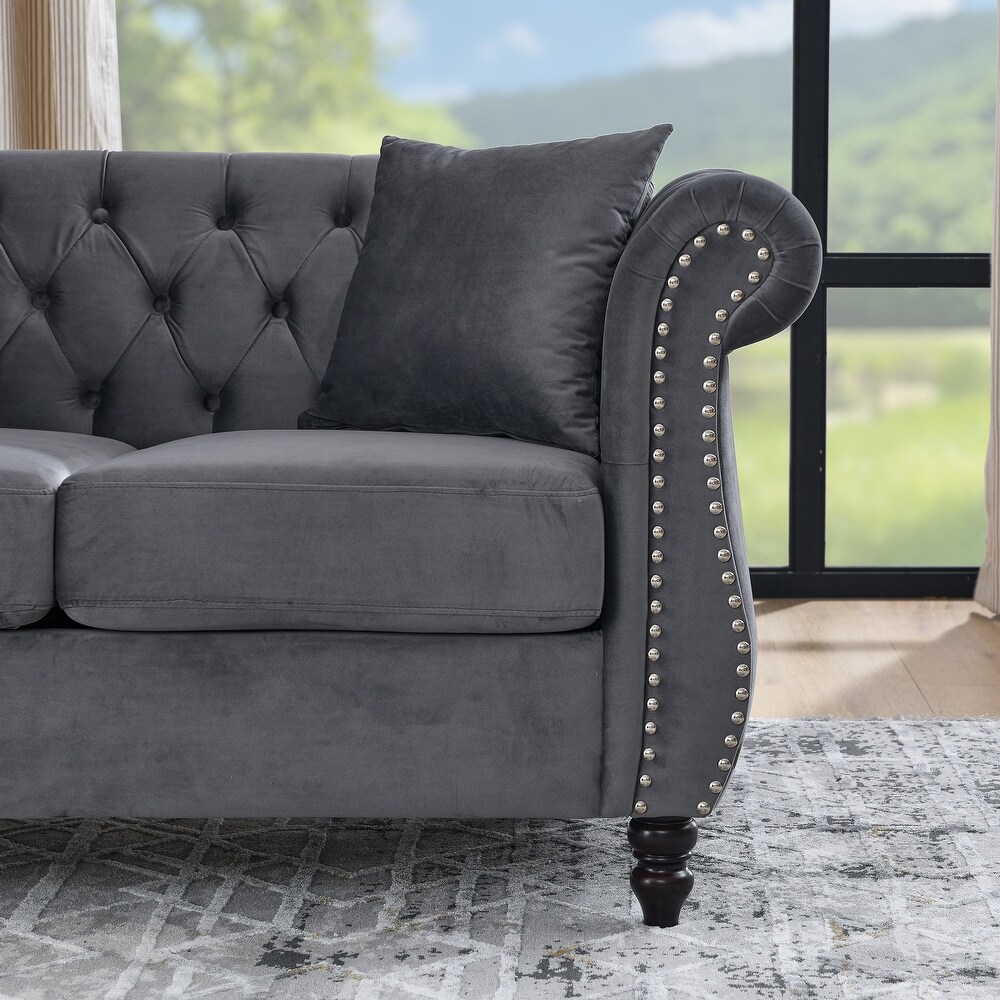 Velvet Upholstered Chesterfield Sofa Set Ergonomic Nailheads Couches Set with Removable Cushions for Livingroom