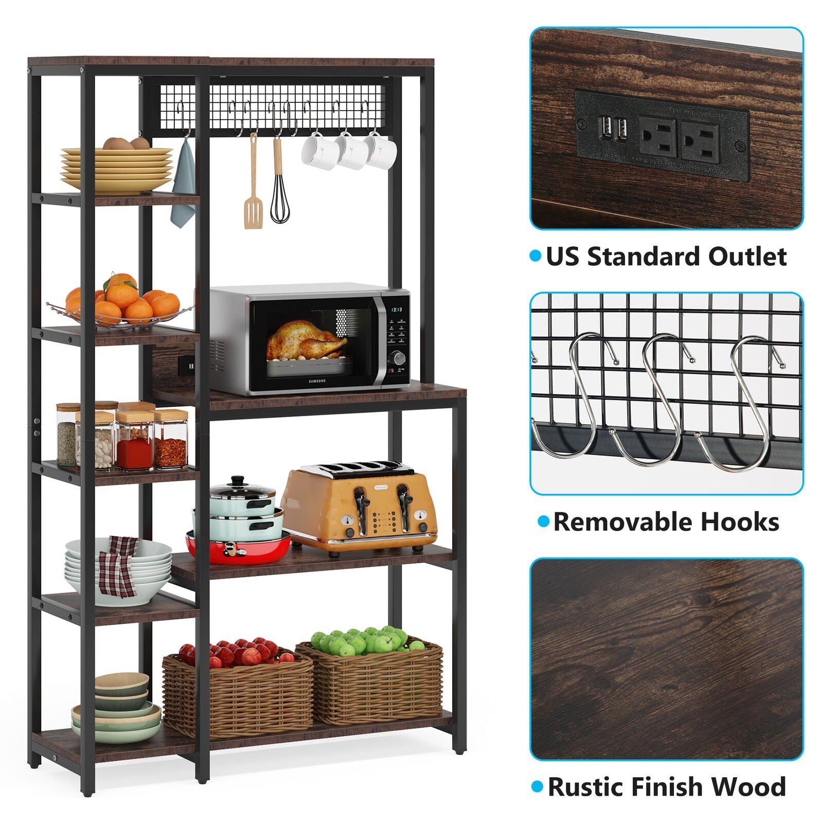 Tribesigns Kitchen Baker's Rack with Power Outlets， Freestanding 8 Tier Microwave Stand with Storage Shelf， Rustic Brown