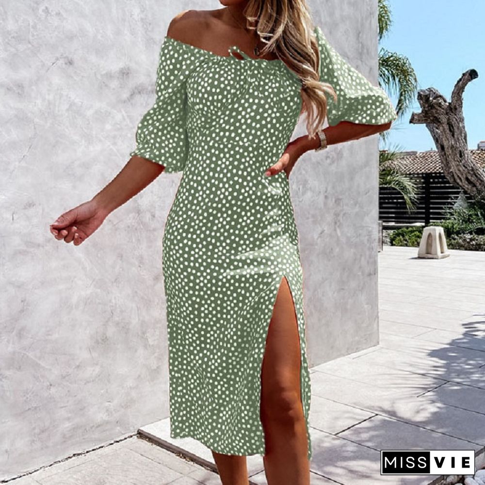 Chic Elegant Summer Women Dress Women Cloth Half Short Puff Sleeve Loose Slim Print Midi Sundress New Fashion Small Floral Dress