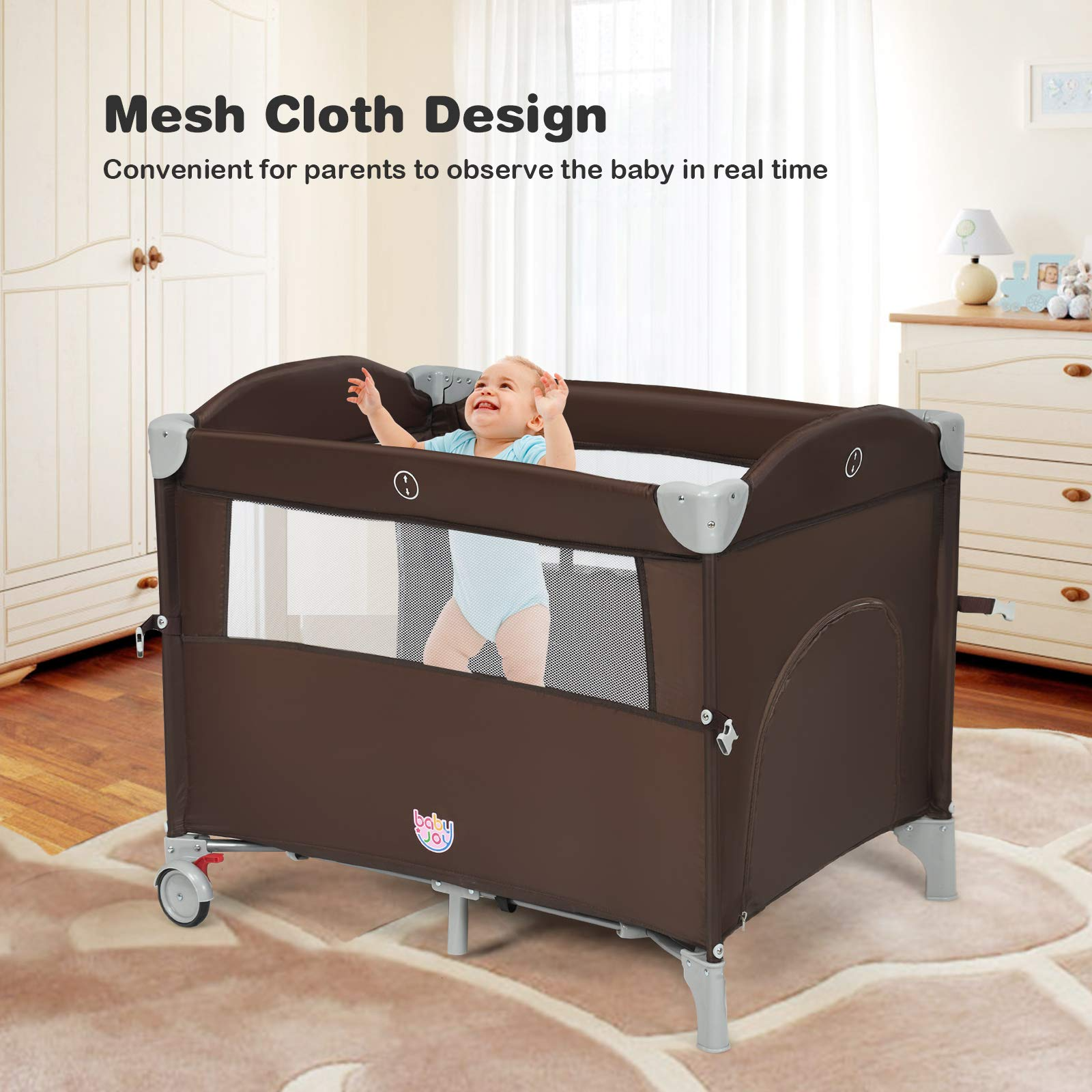 BABY JOY 5-in-1 Pack and Play, Baby Bedside Sleeper with Bassinet, Multifunction Baby Playard