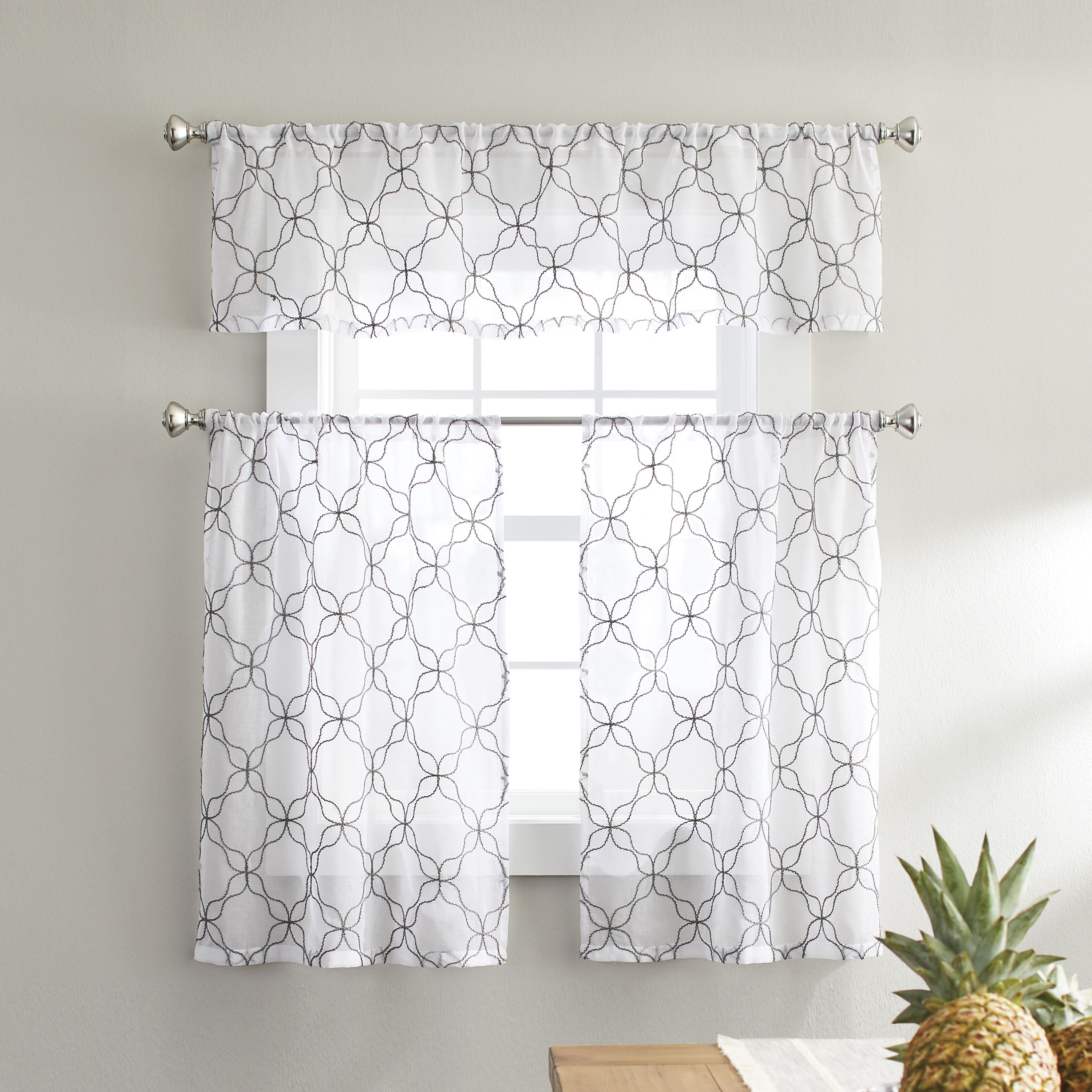 Better Homes & Gardens 3 Piece Sheer Quatrefoil Window Valance and Tier Set, Grey, 36 x 60